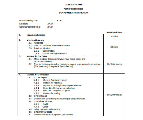 board meeting agenda itinerary template