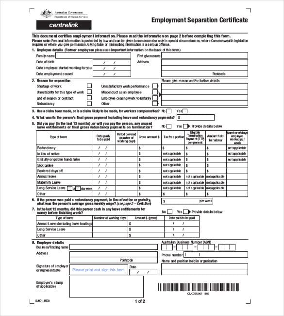 employment separation certificate