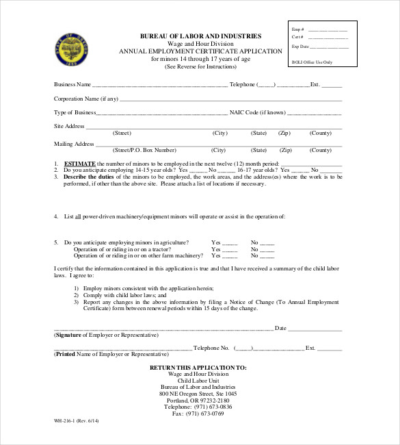 annual employment certificate application