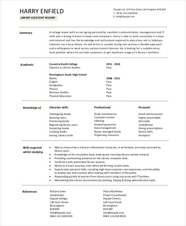 resume format for librarian freshers