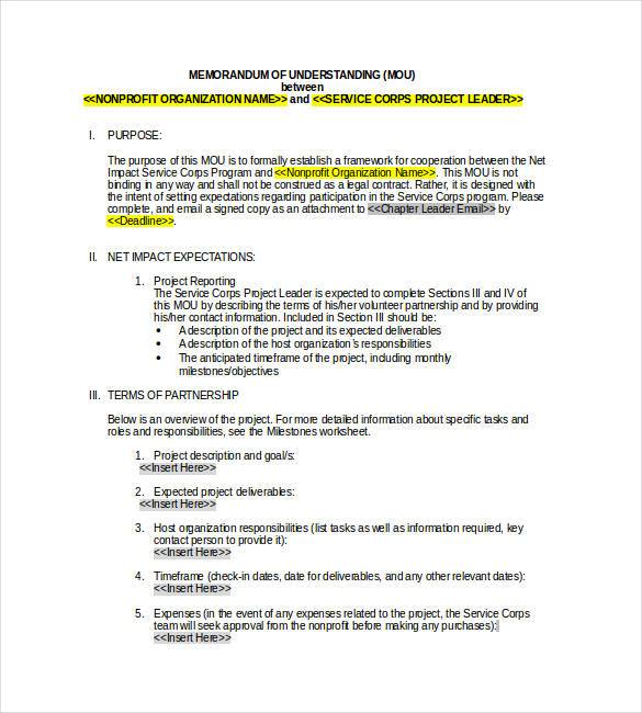 basic memorandum of understanding non profit