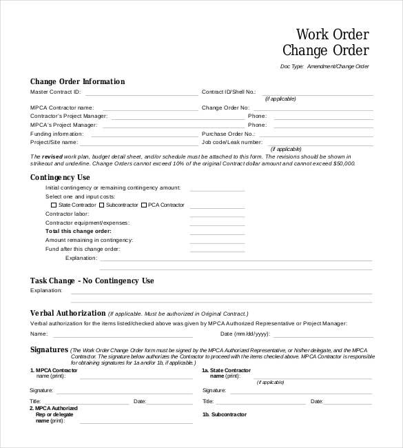 change work order form template