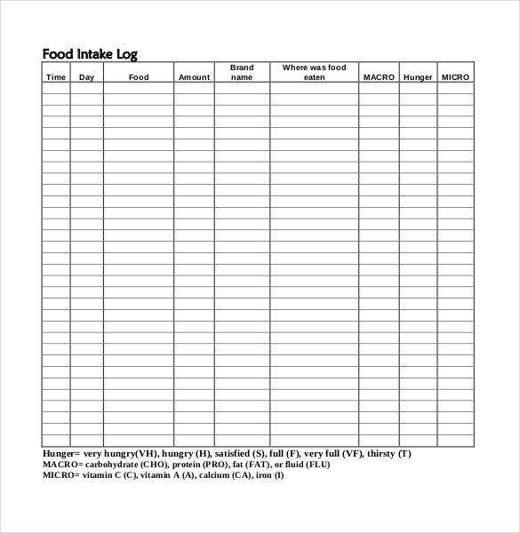 example of food intake log template