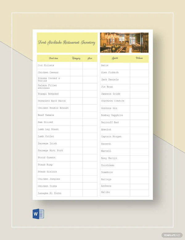 food stock take restaurant inventory template