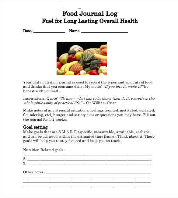 food and activity journal log template