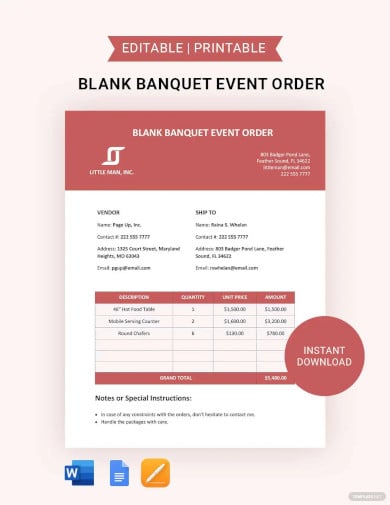 free blank banquet event order template