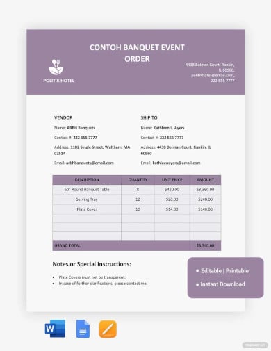 free contoh banquet event order template