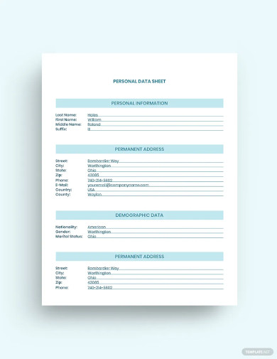 free personal datasheet template