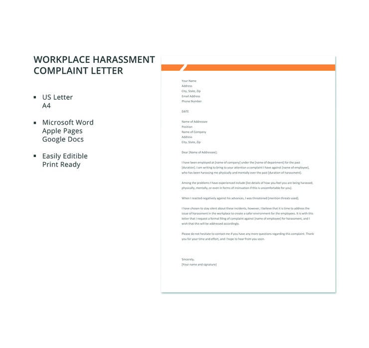 free workplace harassment complaint letter template