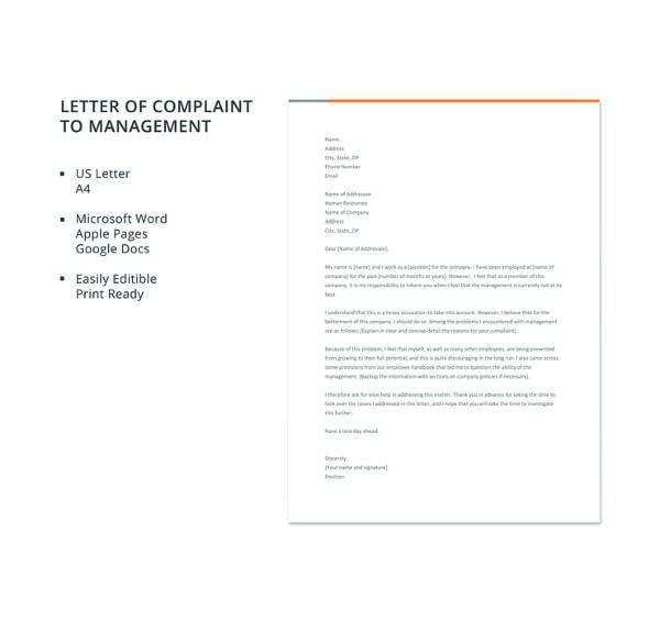 letter of complaint to management template