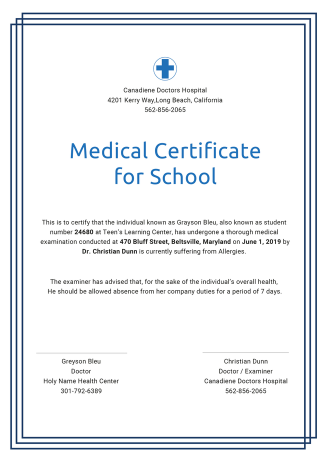 General Medical Certificate Template For Free
