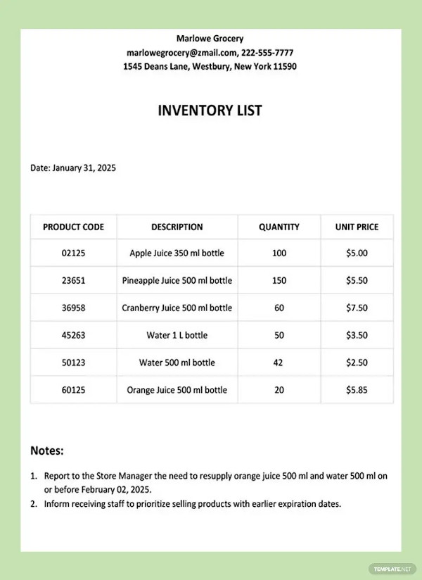printable inventory list template