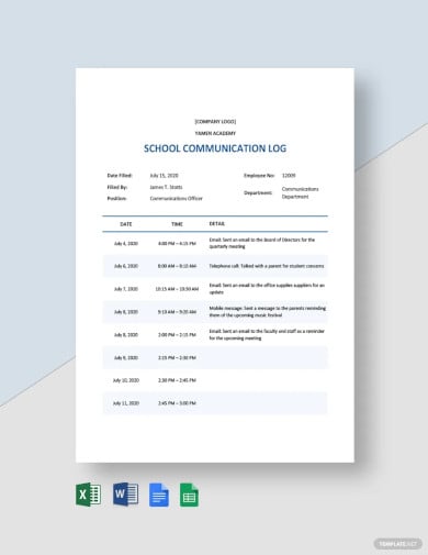 school communication log template