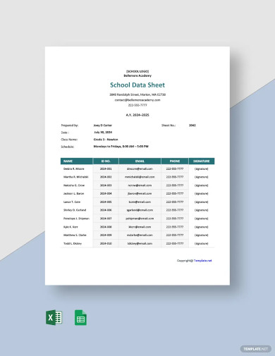 school data sheet template