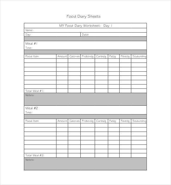 standard food diary worksheet