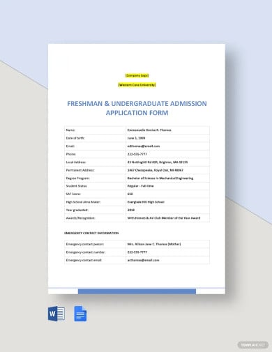 university application form template