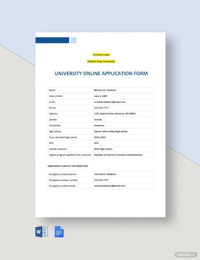 university online application form template