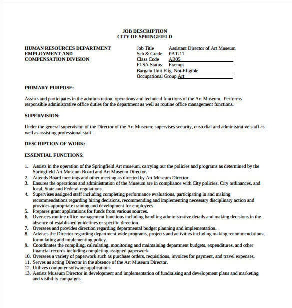 assistant art museum director job description pdf format free download 