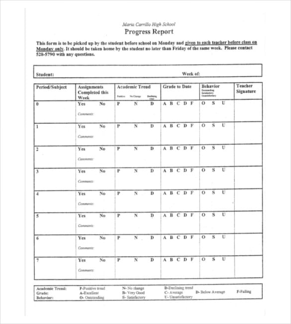 high school progress report template