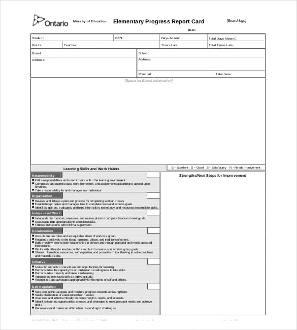 elementary progress report template