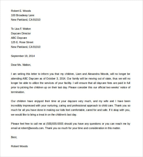 daycare termination letter template word doc