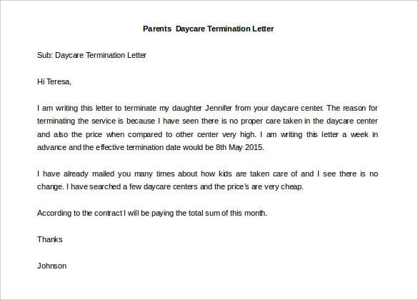 daycare termination letter from parent