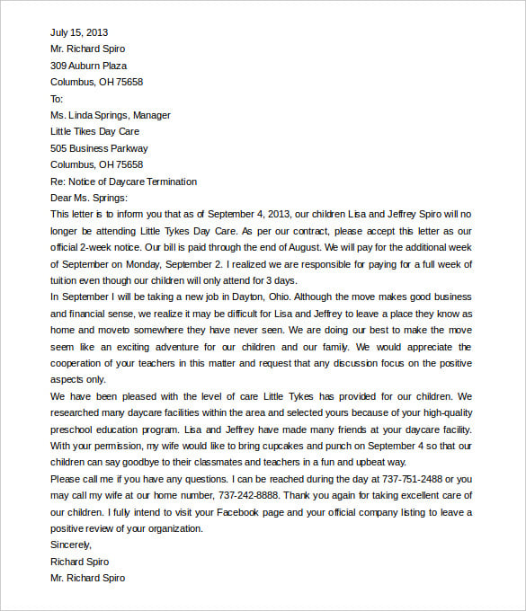 Daycare Termination Letter To Parent For Your Needs Letter Template 