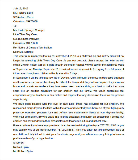 Daycare Termination Letter Templates - 15+ Free Sample, Example Format ...