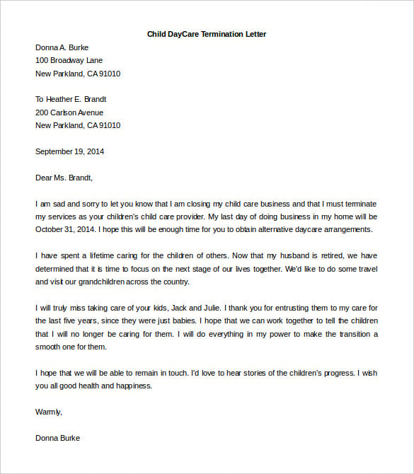 editable child day care termination letter template