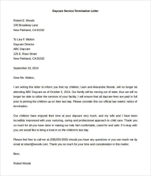 day care service termination letter template download