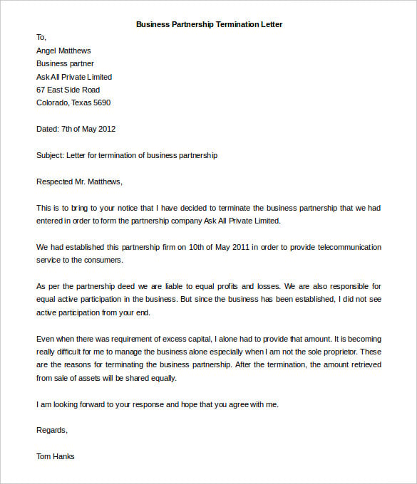 business partnership termination letter template word format