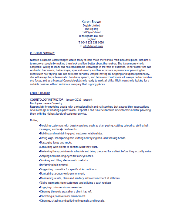 Cosmetology Resume Templates Free Printable Templates