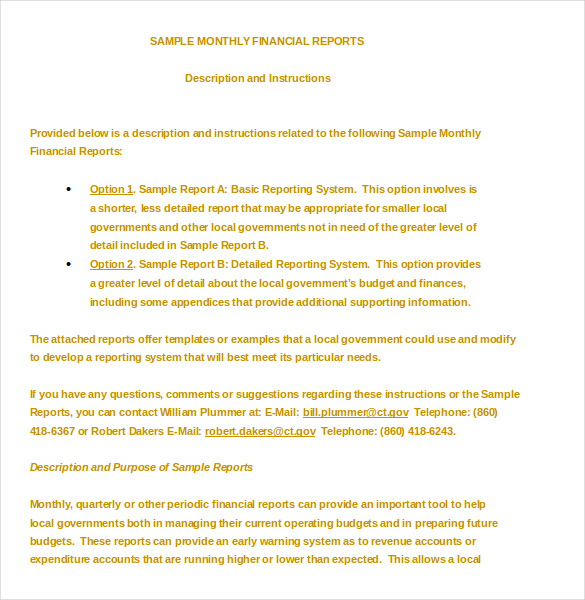 monthly financial report template