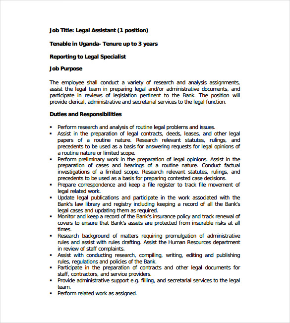 banking legal assistant job description example template free download