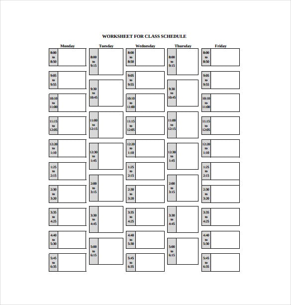 blank worksheet for class schedule free download