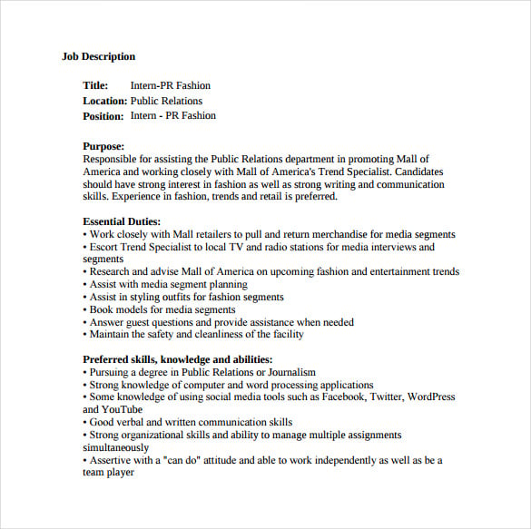 fashion public relation job description sample template free download