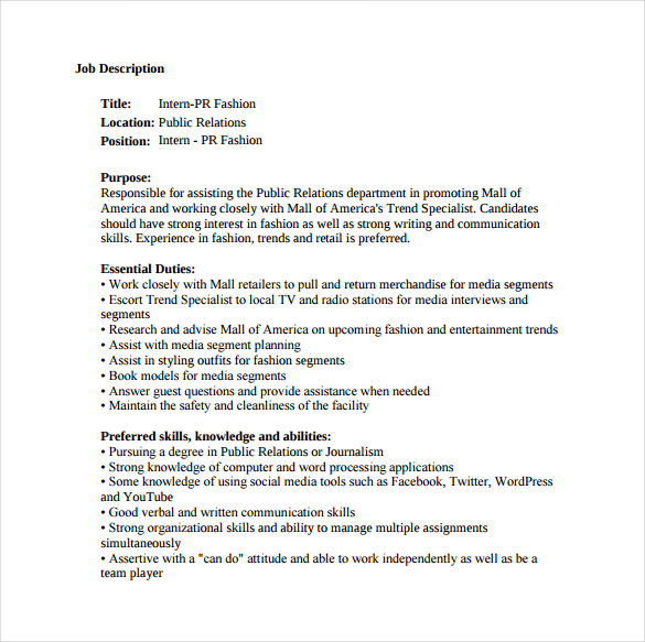 fashion public relation job description sample template free download