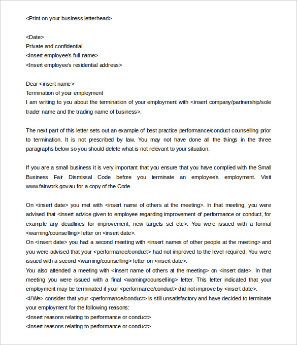 free termination of employment letter template sample