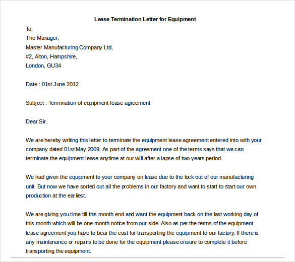 Termination Of Lease Letter Template