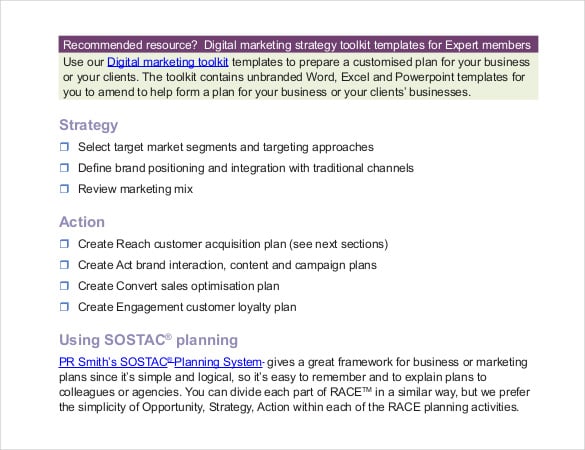 planning template of digital marketing