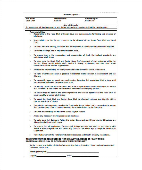 hotel sous chef job description pdf format free download