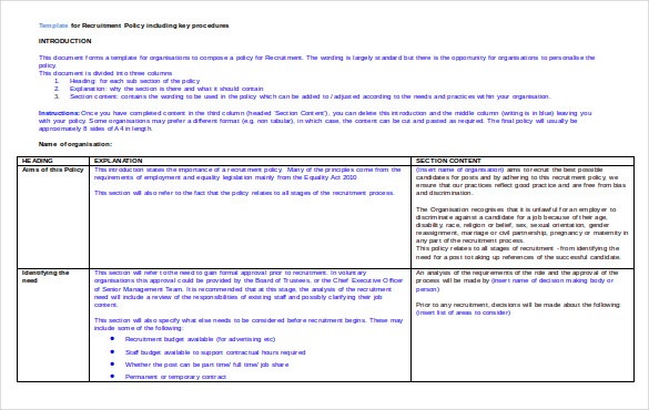 template for recruitment policy including key procedures