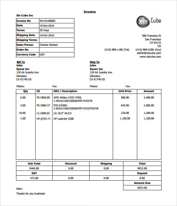 free computer invoice template pdf format download