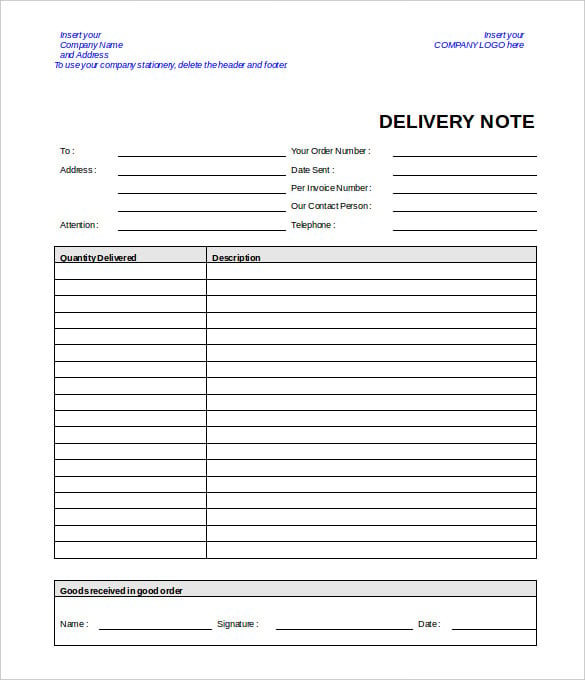 delivery note template free download pdf