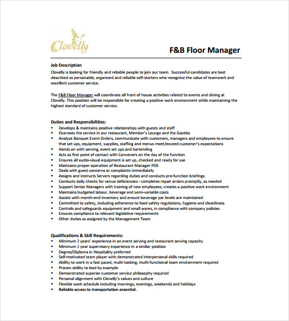 restaurant floor manager job description example template free downloadss