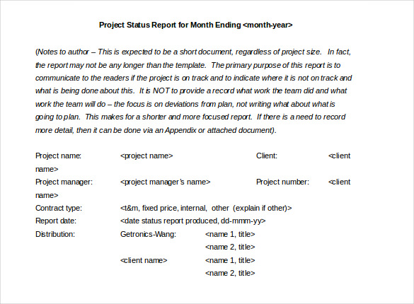 monthly project status report template