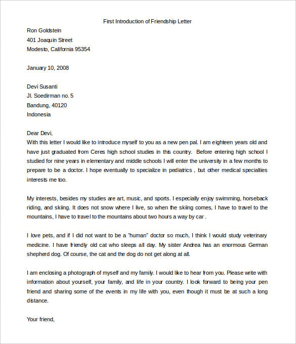 first introduction of friendship letter template download