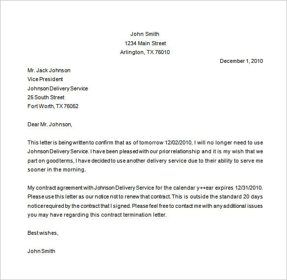 sample contract service termination letter template download