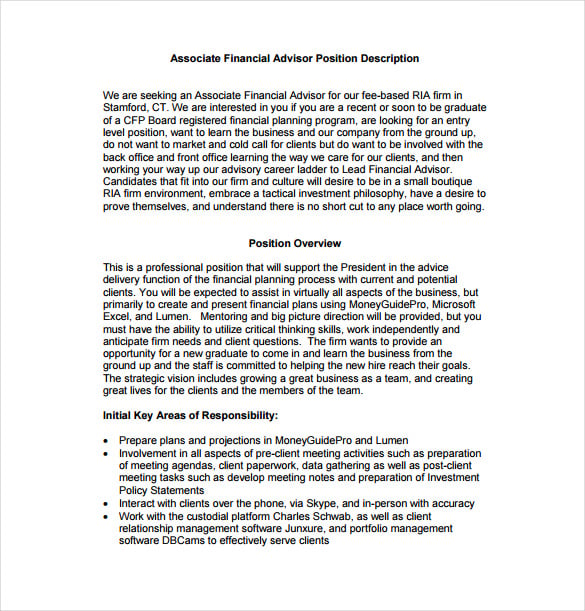 associate financial advisor job description pdf format free download