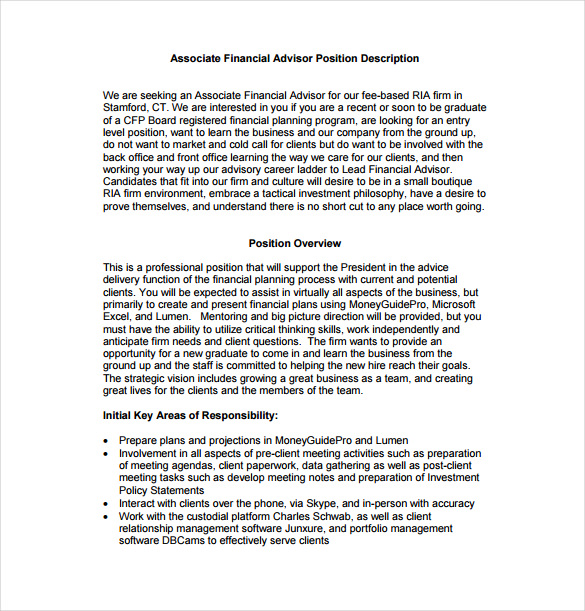 7 Financial Advisor Job Description Templates Free Sample Example 